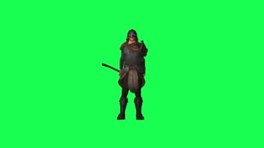 3D eski savaşçı adam yeşil ekran koruyucusu ve hareket eden eller ve askeri üniforma ve balta ile egzersiz yüksek kaliteli arka plan 4K