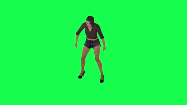 Kahverengi Elbiseli Siyah Şortlu Bir Kadın Yeşil Ekranda Ters Açıdan — Stok video