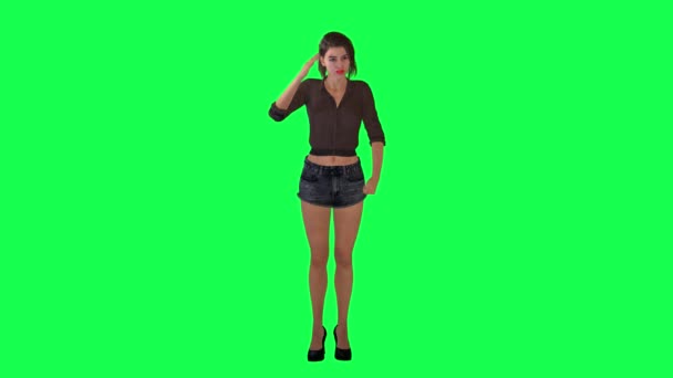 穿着高跟鞋 黑色短裤和棕色连衣裙的年轻女警察在绿色荧幕上的军礼 — 图库视频影像