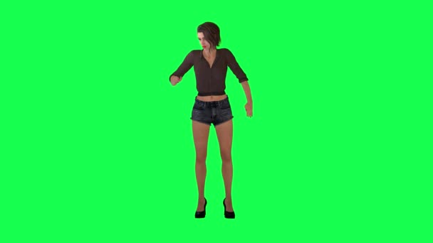 一个穿着棕色衣服的女人慢慢地从绿色屏幕上相反的角度从地板上走过 — 图库视频影像