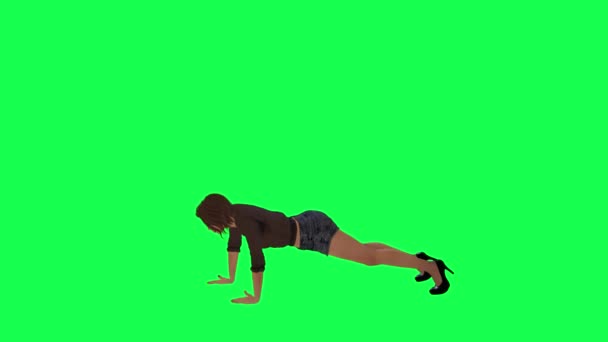 緑の画面上の右の角度から茶色のドレスと黒のショートパンツとハイヒールで運動 — ストック動画