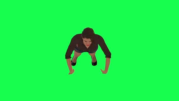 穿着棕色衣服 黑色短裤和高跟鞋 从相反角度在绿色屏幕上锻炼 — 图库视频影像
