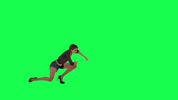 身穿褐色连衣裙 黑色短裤 高跟鞋的叛逆女子在绿色荧幕上左倾拳打脚踢 — 图库视频影像