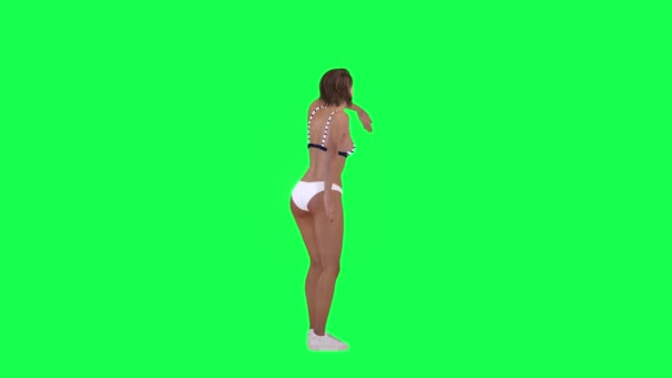 跳舞的姑娘跳着有趣的舞 她的手和身体都在绿色的屏幕上 穿着白色的内裤和左角的白鞋在发抖 — 图库视频影像