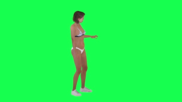 穿着鞋子和白色比基尼的年轻女子假装在绿色荧幕上从左眼寻找什么 — 图库视频影像