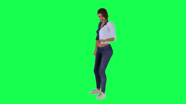 青いドレスとパンツと白い靴のロシアの女性は彼女の手で行動し 緑色の画面上の右の角度から何かを探しています — ストック動画