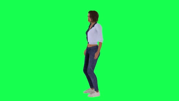 白と青のドレス 青いパンツと緑の画面上の右側の角度からの距離を調べる白い靴の若い女性 — ストック動画