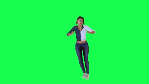 身穿蓝白相间服装 蓝色裤子和白色鞋子的女舞蹈演员在绿色荧幕上从相反的角度跳杂技 — 图库视频影像