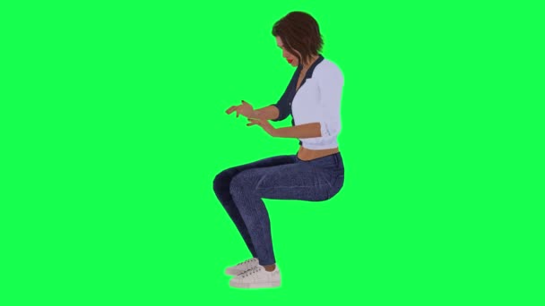 穿着蓝色白色连衣裙 蓝色裤子和白色鞋子的女艺术家在绿色荧幕上从直角弹钢琴 — 图库视频影像