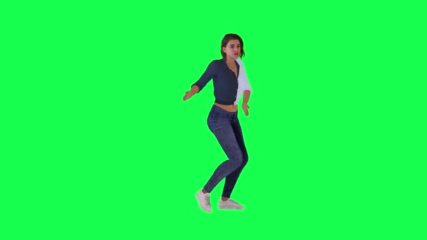 白い青いドレス 黒いパンツ 白い靴の女性ダンサーは 緑の画面上の正面の角度から踊る — ストック動画
