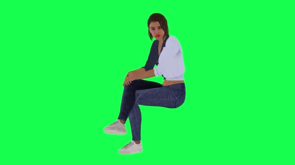 Camarera Mujer Vestido Azul Blanco Pantalones Azules Zapatos Blancos Sentado — Vídeo de stock