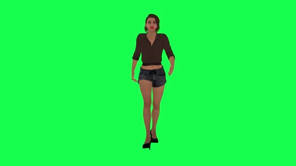 穿着棕色衣服 穿着斜纹棉布短裤的快速行走的欧洲女人 在绿色屏幕上从相反的角度出发 — 图库视频影像