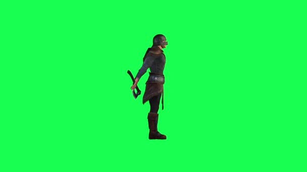 3D古代战士男子在绿色屏幕上守卫和移动的手 并休息与服装和军事斧头色关键高质量的背景4K — 图库视频影像