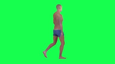 Krom anahtar arka plandaki 3D insanlar yaz adasında yüzme şortlarıyla sahilde yürüyen izole edilmiş bir gezgin.