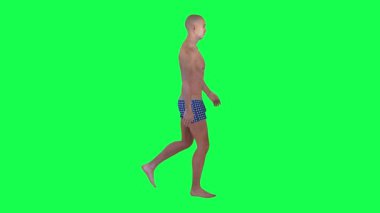 Krom anahtar arka plandaki 3D insanlar yaz tatilinde adanın sahilinde şortla yürüyen izole edilmiş erkek yüzücü.