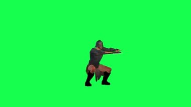 3D avcı uçağı yeşil ekranda. Askeri üniforma ve balta ile etrafa bakıyor. Arka planda yüksek kalite arka plan 4K.
