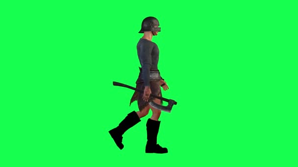 3D个色关键背景的人隔离城堡守卫 拿着斧头走来走去 — 图库视频影像
