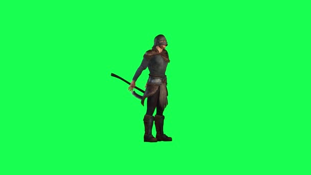 在3D动画中 一个绿色屏幕上的守卫用衣服和一把高质背景4K的旧斧头守卫和移动双手 — 图库视频影像