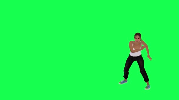 白いドレスの白い女性黒いパンツと青の靴緑の画面上の正面の角度から踊るクロマキー人が孤立レンダリング — ストック動画