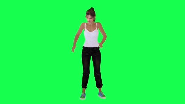 白いドレスの女性ギャンブラー黒のパンツと青の靴緑の画面上の正面の角度からトランプを扱う人が孤立クロマキーをレンダリング — ストック動画