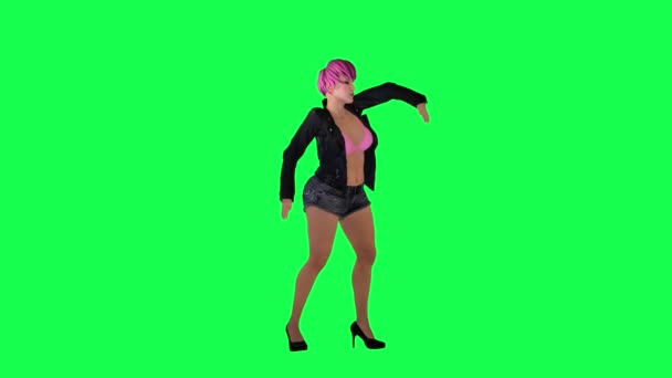 Dansçı Kadın Pembe Saçlı Siyah Ceketli Gri Şortlu Yüksek Topuklu — Stok video