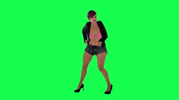 ピンクの髪の黒のジャケットグレーのショートパンツと高いヒールを持つ不安の女性は 緑の画面上で見ますレンダリングクロマキー人孤立 — ストック動画
