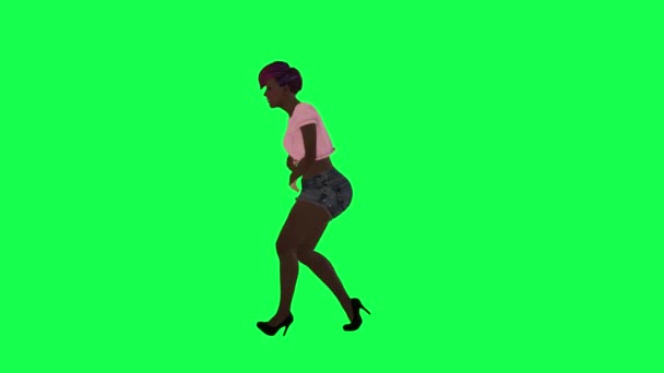 一位身穿粉红连衣裙和灰色短裤的胖黑人妇女突然从左边的绿色屏幕上撞到了那个地方 使得关键的有色人种被隔离起来 — 图库视频影像