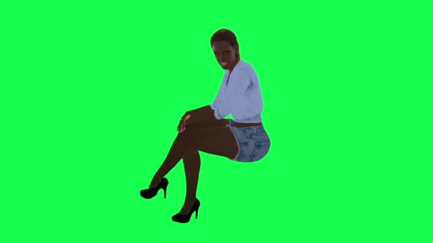 Respectable Black Lady Blue Dress High Heels Sitting Talking Right — Stock Video