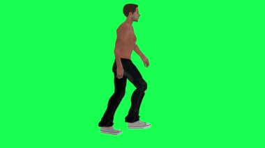 Yeşil ekrandaki zayıf yarı çıplak uyuşturucu bağımlısı yan açıdan yüksek hızda ilerliyor. Üç boyutlu krom anahtarlı insanlar animasyonu izole ediyor.