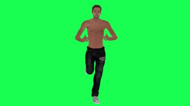 Yeşil ekrandaki zayıf yarı çıplak uyuşturucu bağımlısı adam karşı açıdan öne doğru koşuyor. Üç boyutlu krom anahtar insanlar animasyonu izole ediyor.