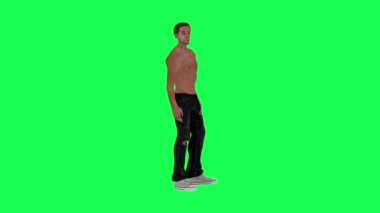 Yeşil ekran bağımlısı yarı çıplak bir adam bekliyor, 3 boyutlu krom anahtar insanlar animasyonu izole ediyor.