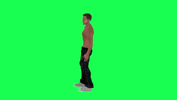 在绿色的屏幕上 半裸沉迷的男人从他的胳膊和手的角度在裤子里等待着 3D使色彩艳丽的关键人物孤立起来 — 图库视频影像