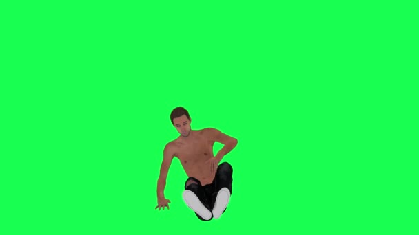 半裸スキニー男オン緑の画面上の床から立ち上がるでフロント角度 3Dレンダリングクロマキー人々隔離されたアニメーション — ストック動画