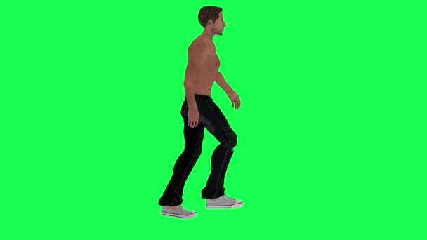 绿色屏幕上的瘦半裸吸毒者从侧面高速向前移动 3D使彩色关键人物隔离动画 — 图库视频影像