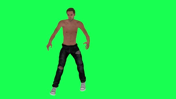 Chudy Pół Nagi Zielony Ekran Narkoman Tańczy Podartych Dżinsach Renderowania — Wideo stockowe