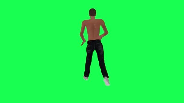 穿着破牛仔裤和白鞋子跳长舞的半裸绿色荧幕瘾君子 3D让有色人种的关键人物孤身一人 — 图库视频影像