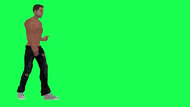 スリム半分裸中毒男オン緑スクリーンでリッピングジーンズと白い靴思考と移動で円 3Dレンダリングクロマキー人々隔離されたアニメーション — ストック動画