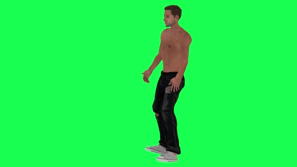 瘦瘦的 半裸的 沉迷于绿色屏幕上的男人 醉汉和醉汉从侧面看 3D使彩色关键人物孤立的动画 — 图库视频影像