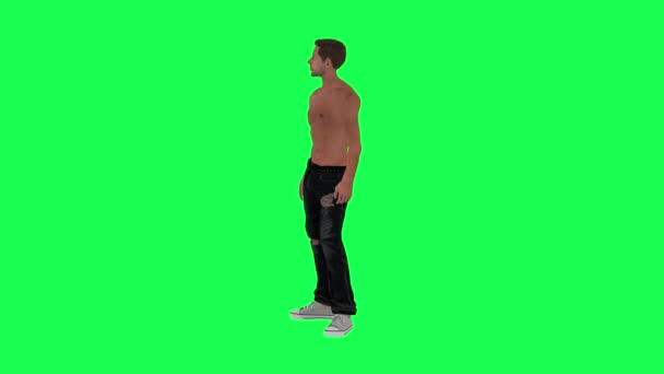 Тонкий Полуобнаженный Мужчина Зеленом Экране Бокового Угла Ожидания Рендеринг Хрома — стоковое видео