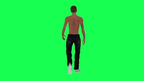 瘦人沉迷于半裸的绿色屏幕从背角向前移动 3D渲染彩色关键人物隔离动画 — 图库视频影像