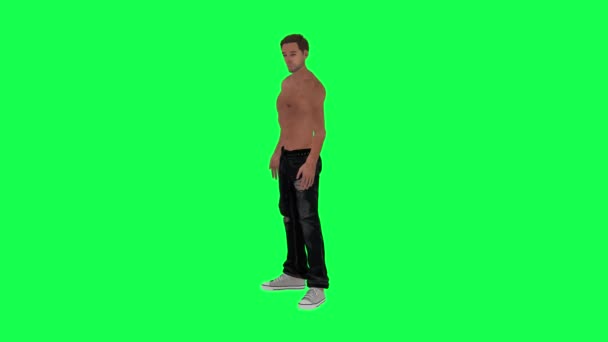 スレンダー半裸中毒男待っています上の緑の画面から側角 3Dレンダリングクロマキー人々隔離されたアニメーション — ストック動画