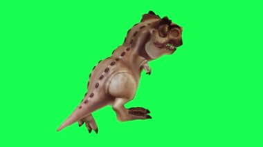 Dinozor çizgi film karakteri arka ve sol açıyla yeşil ekran krom anahtar arka planda yürüyen izole edilmiş hayvanı canlandırıyor.