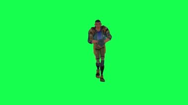 Yaralı 3D karikatürcü, yeşil ekranda ters açıdan bir objeye çarpıyor. Krom anahtarlı üç boyutlu insanlar izole edilmiş.