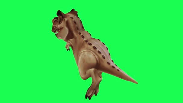 Мультиплікаційний Персонаж Динозавра Виходить Заднього Кута Зеленому Екрані Хром Ключ — стокове відео