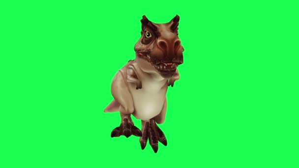 漫画のキャラクター恐竜の緑の目は緑の画面で彼の手を振っているクロマキー背景レンダリングアニメーション孤立動物 — ストック動画