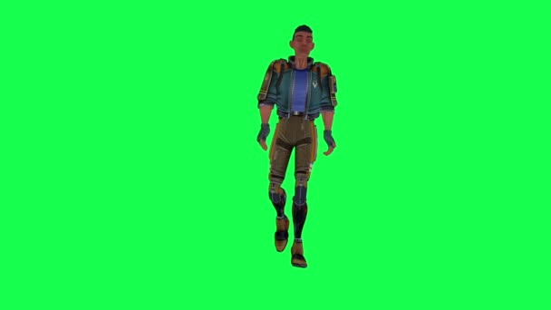 动漫男子从前面的角度在绿色屏幕上走来走去 3D人穿着彩色钥匙被隔离 — 图库视频影像