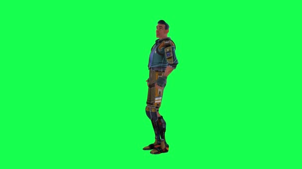 背の高いスキニー男で青スート言っ秘密へ彼の友人から右角度から緑の画面 3D人々でクロマキー隔離 — ストック動画