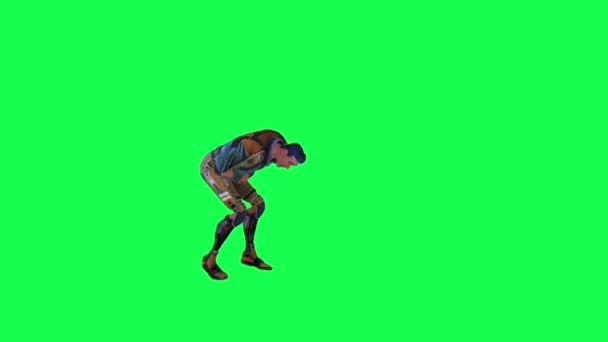 3D动画人在绿色屏幕上被射中摔倒在地 3D人持彩色键被隔离 — 图库视频影像