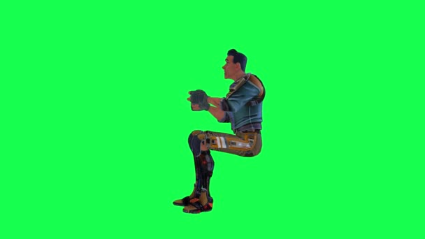 3D卡通人物身穿蓝色衣服 绿色裤子 从直角在绿色屏幕上玩电子游戏 3D人持彩色键隔离 — 图库视频影像