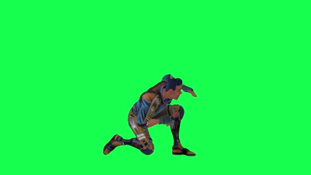 3D动画战士从左边的角度向绿色屏幕扔手榴弹 3D人在彩色键隔离 — 图库视频影像